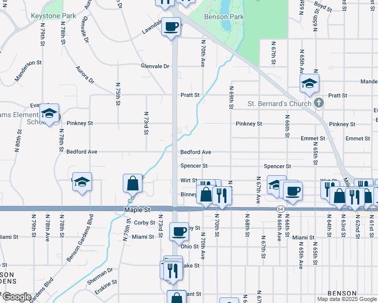 map of restaurants, bars, coffee shops, grocery stores, and more near 7065 Bedford Avenue in Omaha