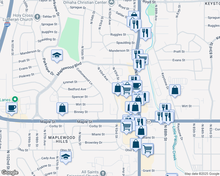 map of restaurants, bars, coffee shops, grocery stores, and more near 3230 North 93rd Avenue in Omaha