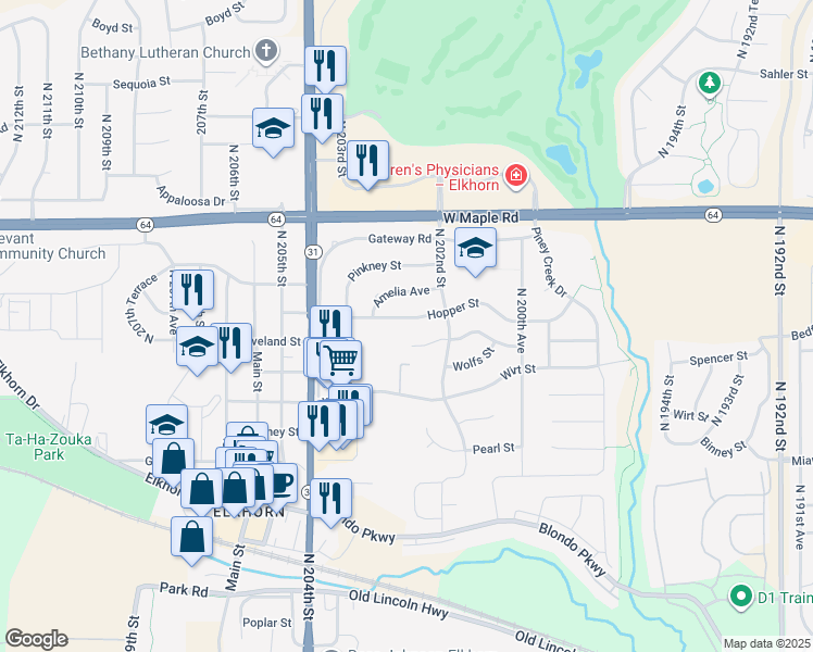 map of restaurants, bars, coffee shops, grocery stores, and more near 20223 Hopper Street in Omaha