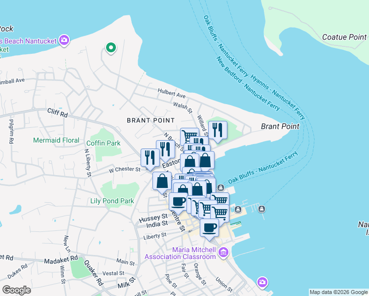 map of restaurants, bars, coffee shops, grocery stores, and more near 8 Cornish Street in Nantucket