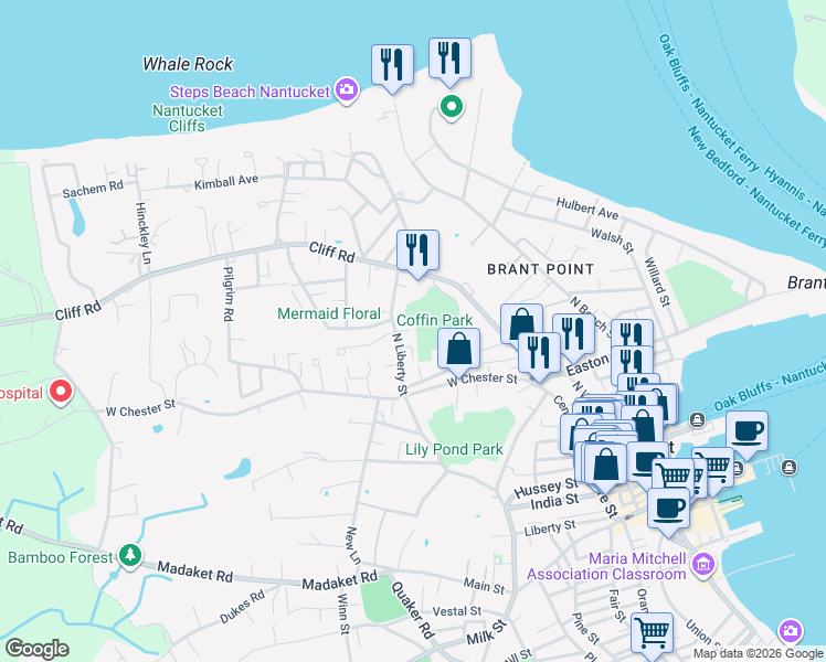 map of restaurants, bars, coffee shops, grocery stores, and more near 4 Gifford Street in Nantucket