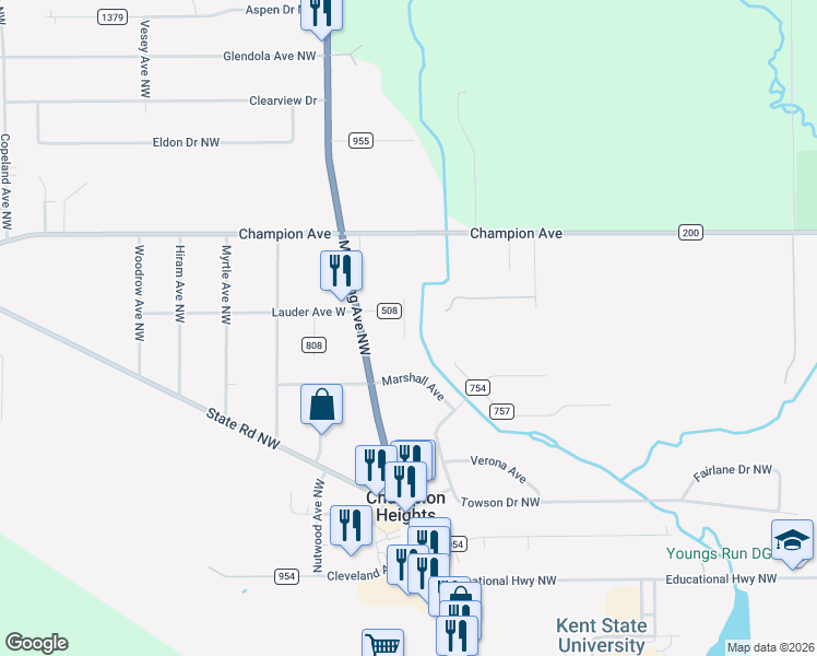 map of restaurants, bars, coffee shops, grocery stores, and more near 4877 Lynn PI Northwest in Warren