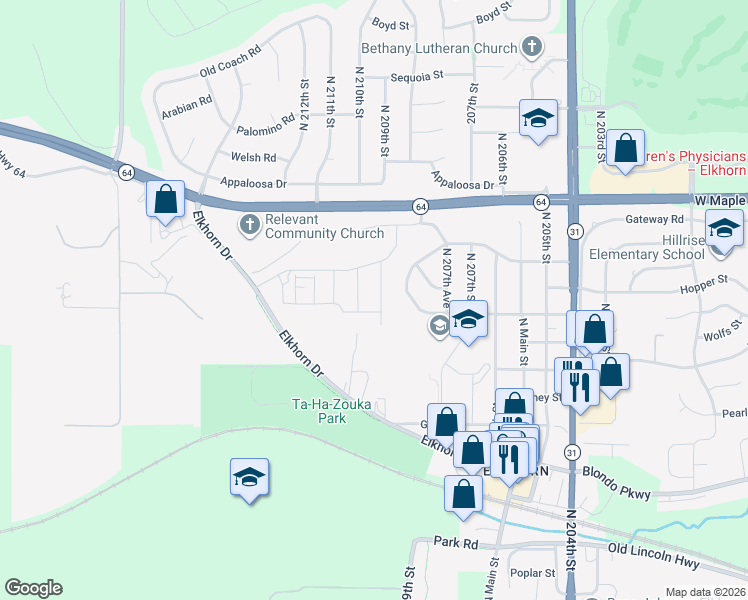 map of restaurants, bars, coffee shops, grocery stores, and more near 3316 209th Street in Omaha