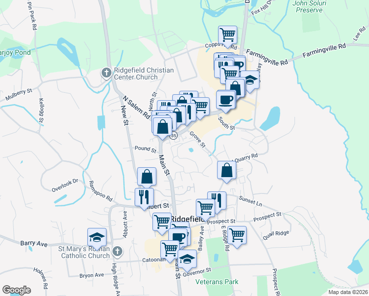 map of restaurants, bars, coffee shops, grocery stores, and more near 12 Stebbins Close in Ridgefield