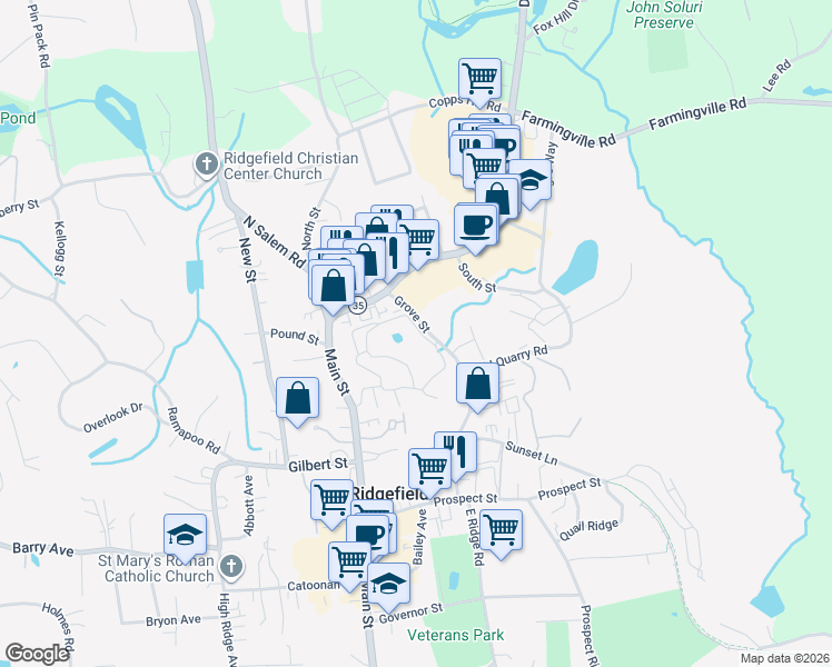 map of restaurants, bars, coffee shops, grocery stores, and more near 60 Olcott Way in Ridgefield