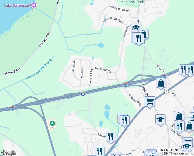 map of restaurants, bars, coffee shops, grocery stores, and more near 99 Cherry Hill Road in Branford