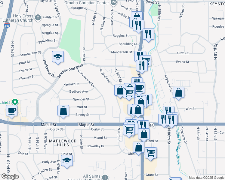 map of restaurants, bars, coffee shops, grocery stores, and more near 3230 North 93rd Avenue in Omaha