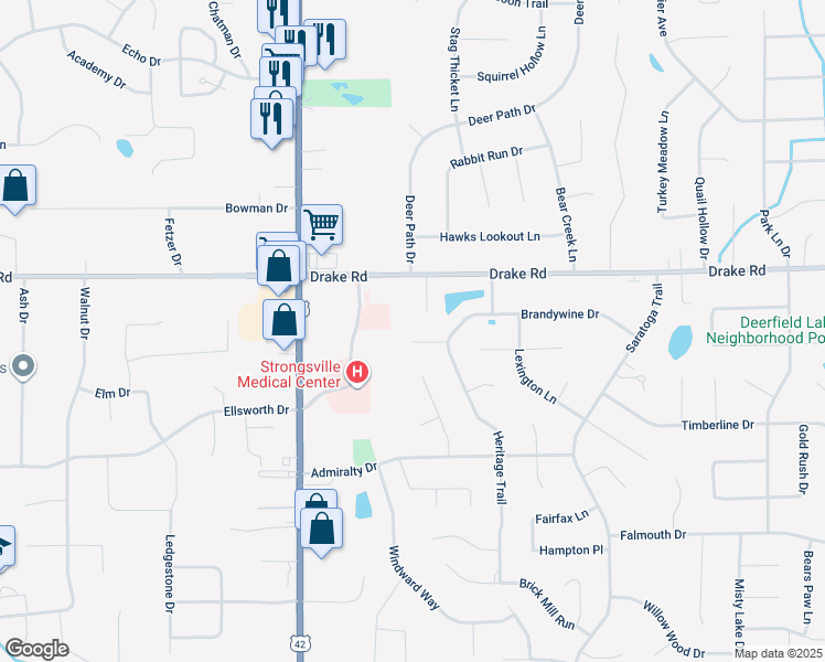map of restaurants, bars, coffee shops, grocery stores, and more near 18400 Sherbrooke Oval in Strongsville