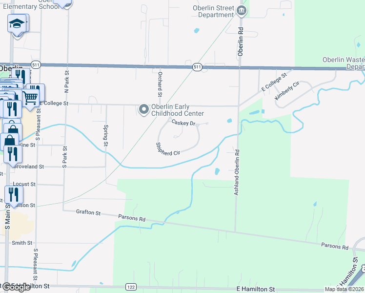 map of restaurants, bars, coffee shops, grocery stores, and more near 223 Shipherd Circle in Oberlin