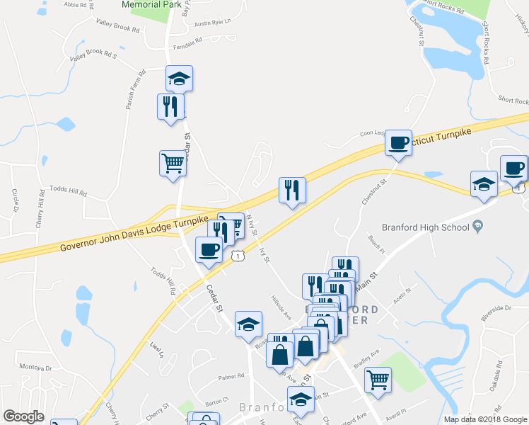 map of restaurants, bars, coffee shops, grocery stores, and more near 143 North Ivy Street in Branford