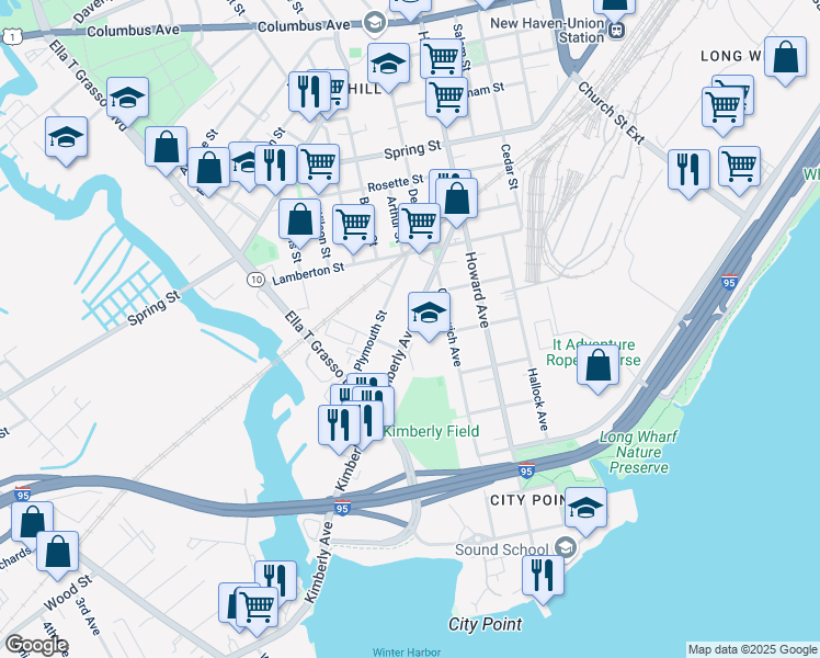 map of restaurants, bars, coffee shops, grocery stores, and more near 150 Kimberly Avenue in New Haven