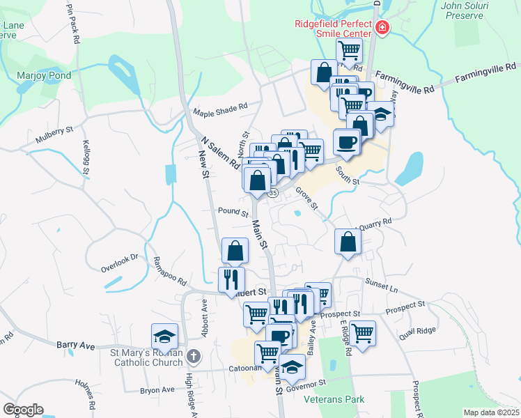 map of restaurants, bars, coffee shops, grocery stores, and more near 613 Main Street in Ridgefield