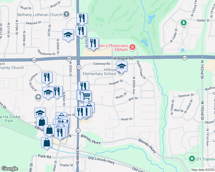 map of restaurants, bars, coffee shops, grocery stores, and more near 20207 Hopper Street in Omaha