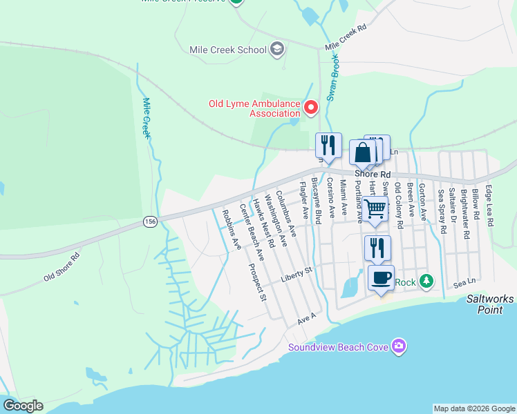 map of restaurants, bars, coffee shops, grocery stores, and more near 8 Hawks Nest Road in Old Lyme