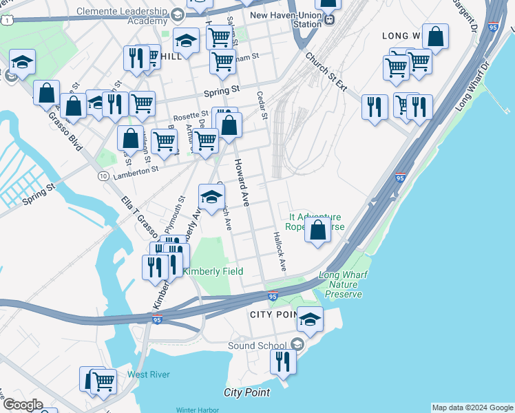 map of restaurants, bars, coffee shops, grocery stores, and more near 57 2nd Street in New Haven