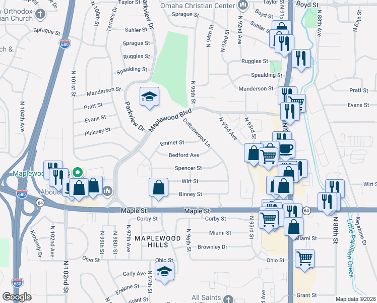 map of restaurants, bars, coffee shops, grocery stores, and more near 9504 Bedford Avenue in Omaha