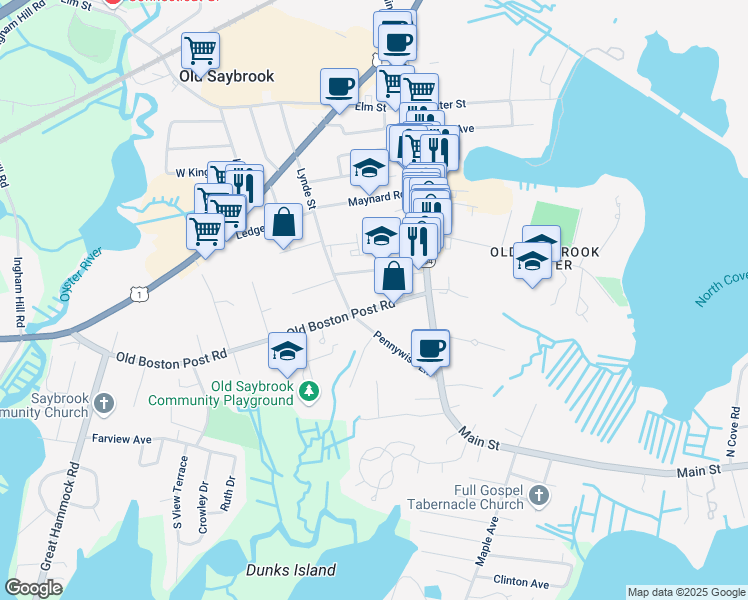 map of restaurants, bars, coffee shops, grocery stores, and more near 35 Old Boston Post Road in Old Saybrook