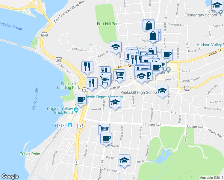 map of restaurants, bars, coffee shops, grocery stores, and more near 629 South Street in Peekskill
