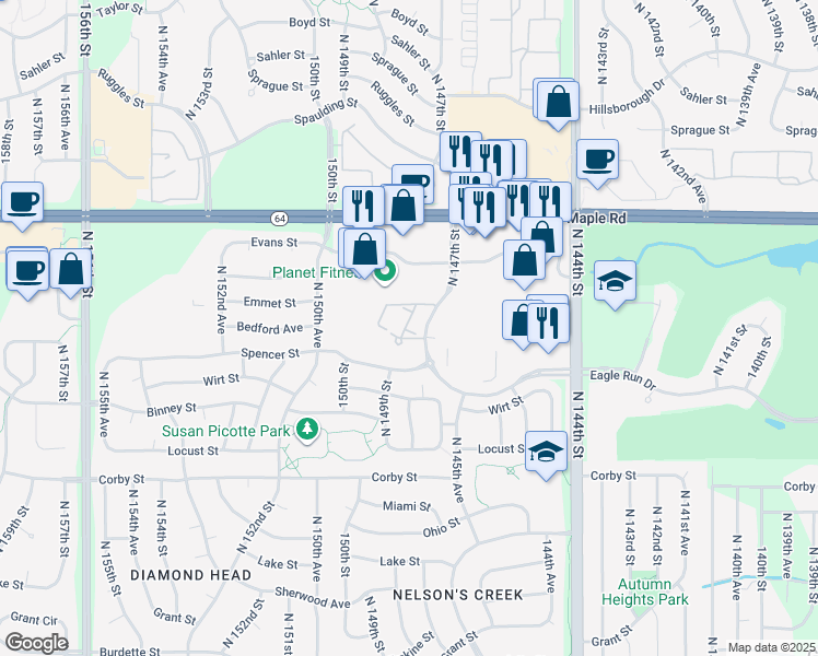map of restaurants, bars, coffee shops, grocery stores, and more near 3315 North 147th Court in Omaha