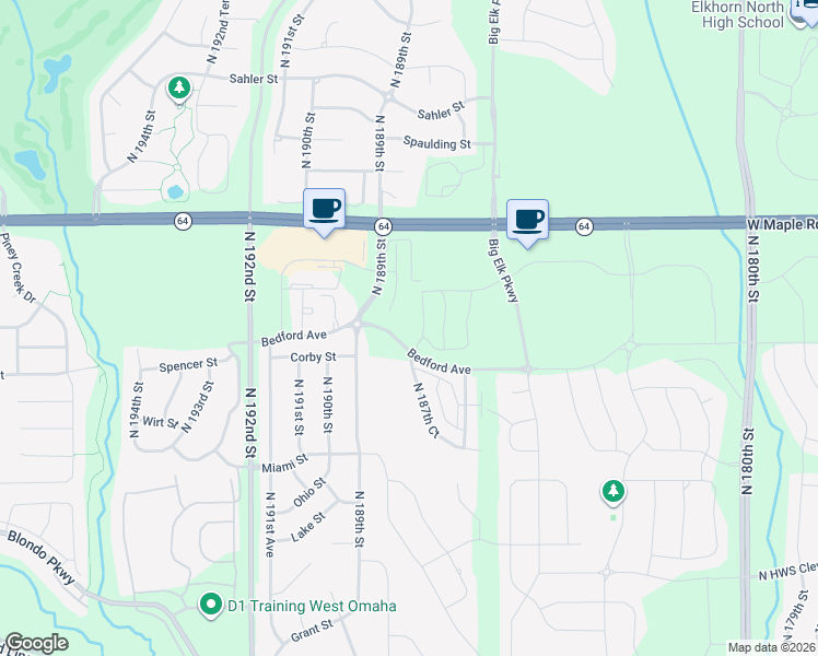 map of restaurants, bars, coffee shops, grocery stores, and more near 2803 North 189th Street in Omaha