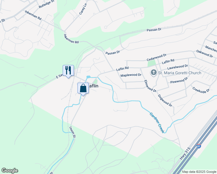 map of restaurants, bars, coffee shops, grocery stores, and more near 446 East Saylor Avenue in Laflin
