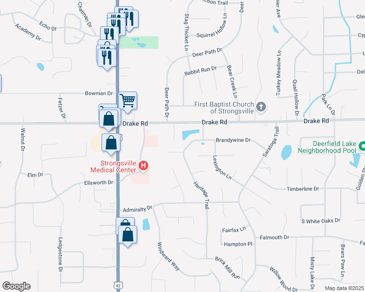 map of restaurants, bars, coffee shops, grocery stores, and more near 17972 Heritage Trail in Strongsville