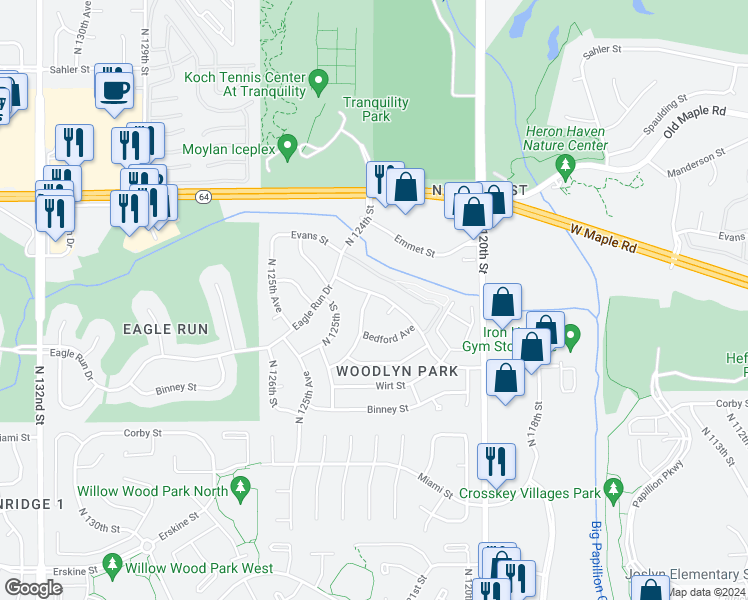 map of restaurants, bars, coffee shops, grocery stores, and more near 3345 North 124th Street in Omaha