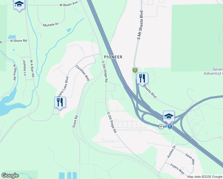 map of restaurants, bars, coffee shops, grocery stores, and more near 1638 South Old Stage Road in Mount Shasta