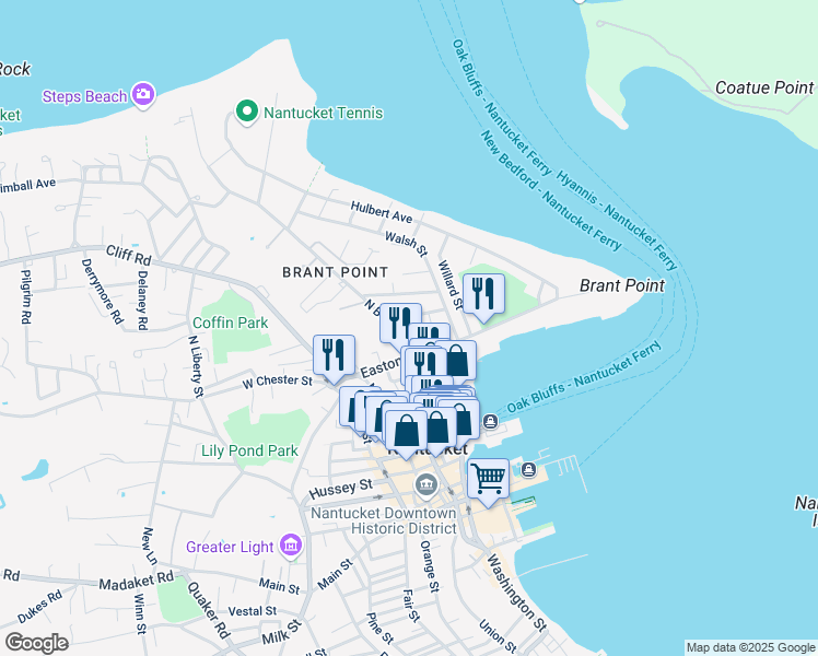 map of restaurants, bars, coffee shops, grocery stores, and more near 8 Cornish Street in Nantucket