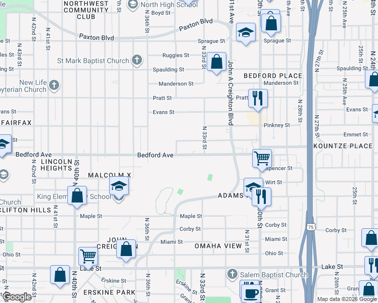 map of restaurants, bars, coffee shops, grocery stores, and more near 3328 Bedford Avenue in Omaha