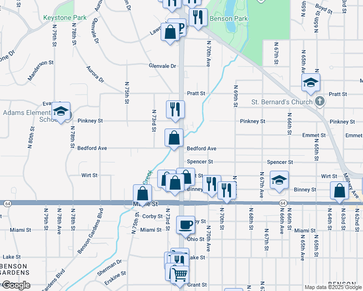map of restaurants, bars, coffee shops, grocery stores, and more near 3300 North 72nd Street in Omaha