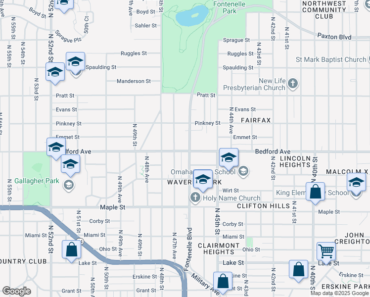 map of restaurants, bars, coffee shops, grocery stores, and more near 3304 Fontenelle Boulevard in Omaha