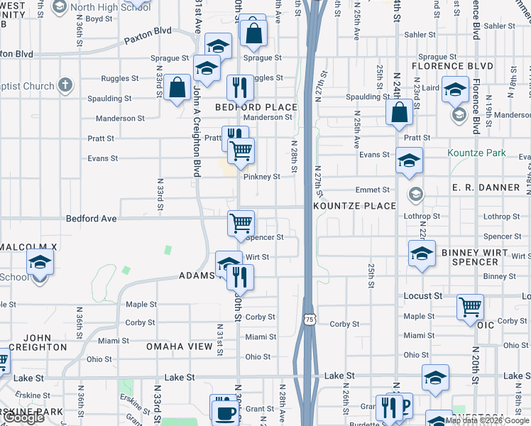 map of restaurants, bars, coffee shops, grocery stores, and more near 2861 Bristol Street in Omaha