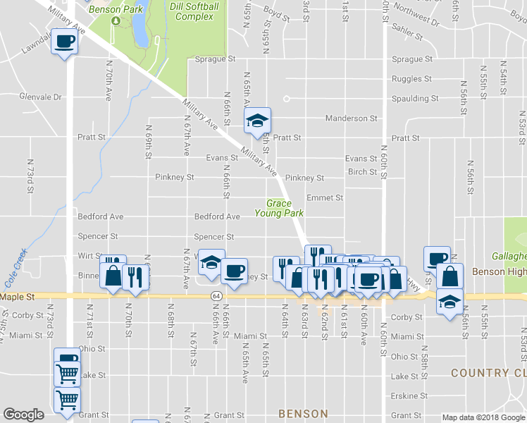 map of restaurants, bars, coffee shops, grocery stores, and more near 6504 Bedford Avenue in Omaha