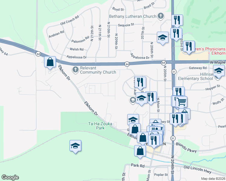 map of restaurants, bars, coffee shops, grocery stores, and more near 3316 209th Street in Omaha