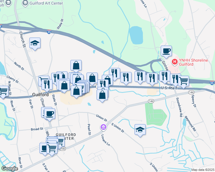 map of restaurants, bars, coffee shops, grocery stores, and more near in Guilford