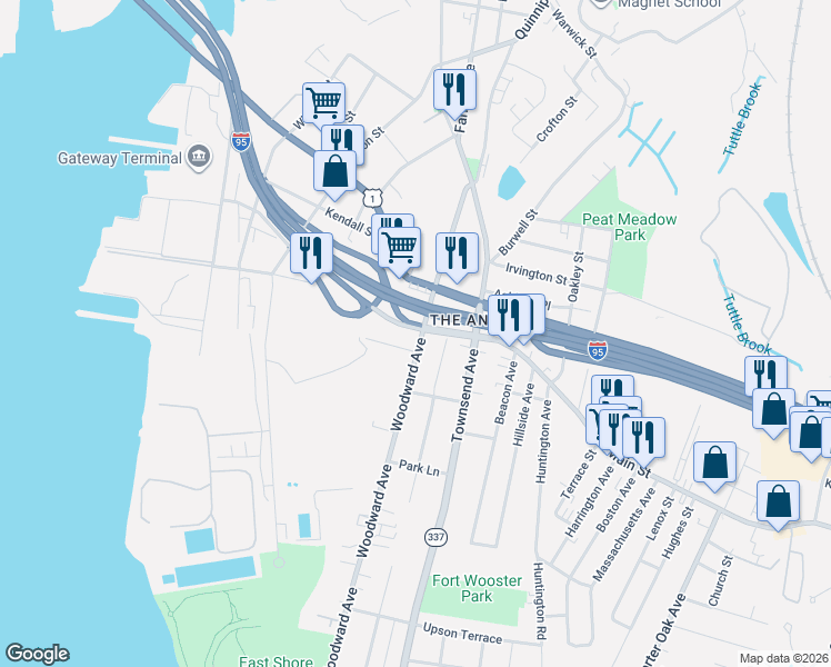 map of restaurants, bars, coffee shops, grocery stores, and more near 19 Allen Place in New Haven