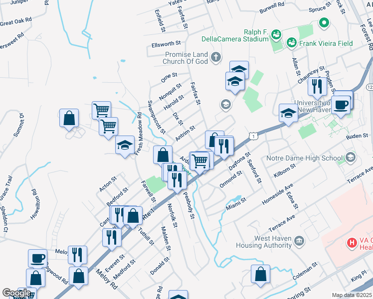 map of restaurants, bars, coffee shops, grocery stores, and more near 92 Tetlow Street in West Haven