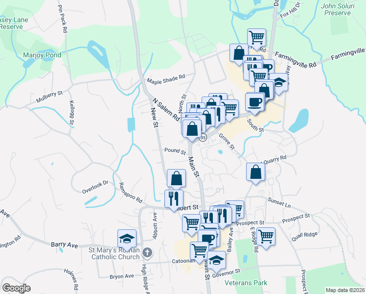map of restaurants, bars, coffee shops, grocery stores, and more near 613 Main Street in Ridgefield