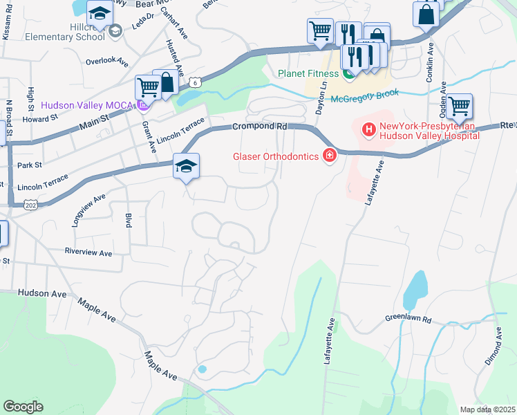 map of restaurants, bars, coffee shops, grocery stores, and more near 44 Villa Drive in Peekskill