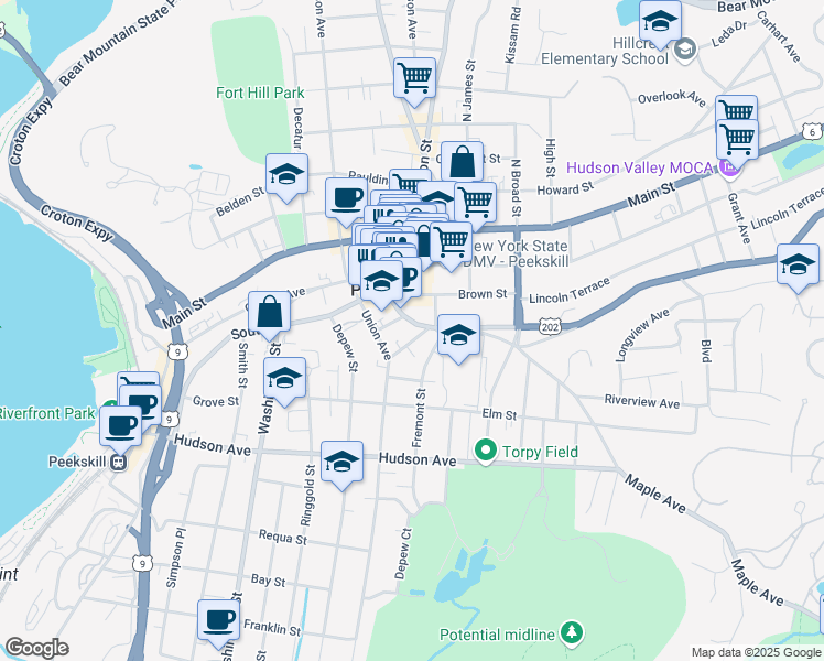 map of restaurants, bars, coffee shops, grocery stores, and more near 921 1st Street in Peekskill
