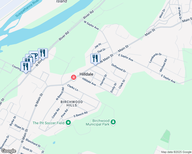 map of restaurants, bars, coffee shops, grocery stores, and more near 45 Farrell St in Wilkes-Barre