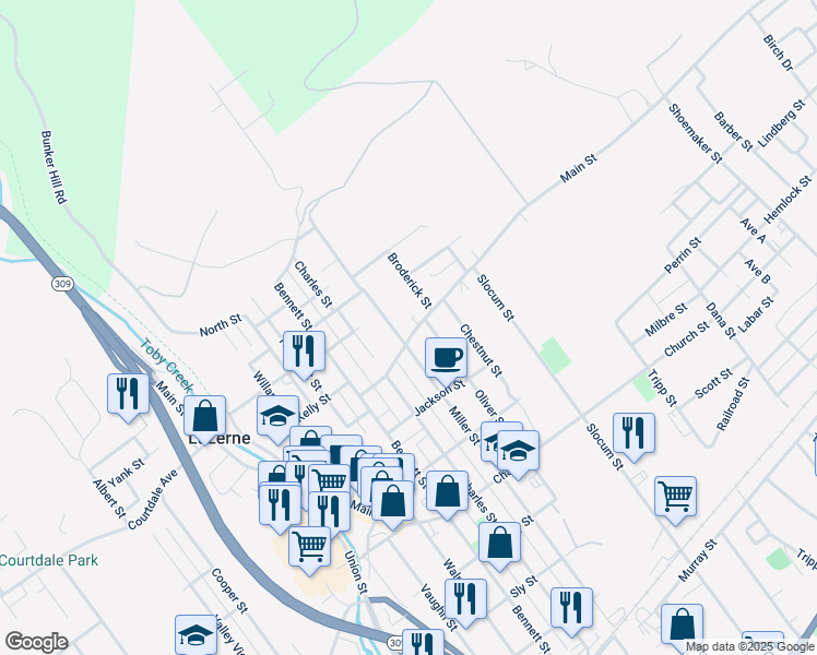 map of restaurants, bars, coffee shops, grocery stores, and more near 747 Miller St in Luzerne