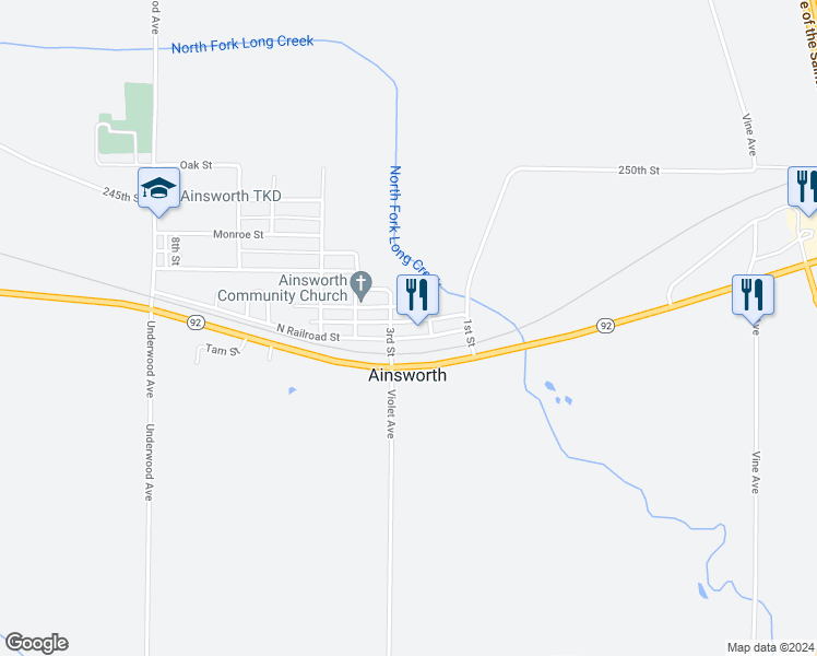 map of restaurants, bars, coffee shops, grocery stores, and more near 222 North Railroad Street in Ainsworth
