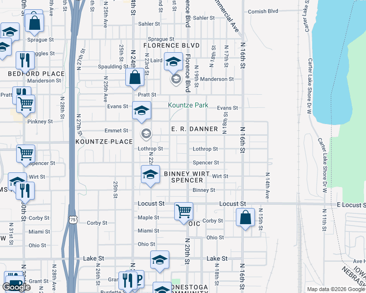 map of restaurants, bars, coffee shops, grocery stores, and more near 3253 North 20th Court in Omaha