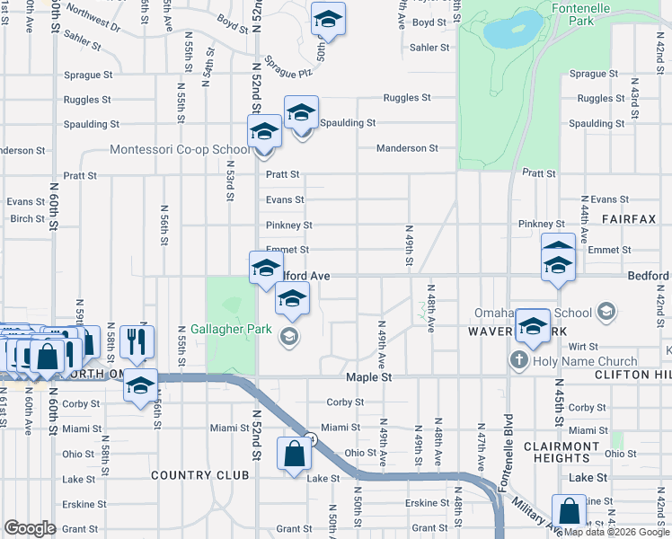 map of restaurants, bars, coffee shops, grocery stores, and more near 5016 Bedford Avenue in Omaha