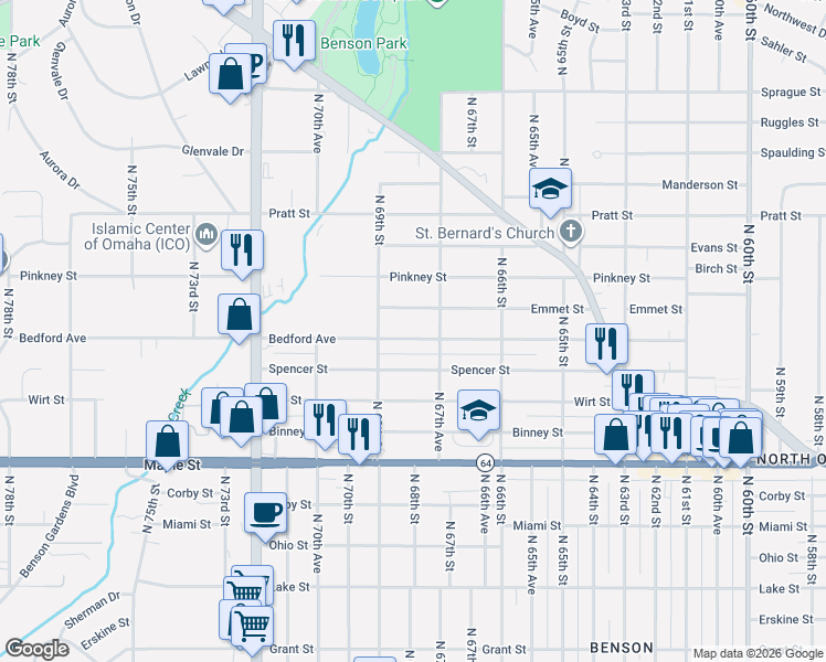 map of restaurants, bars, coffee shops, grocery stores, and more near 6776 Bedford Avenue in Omaha