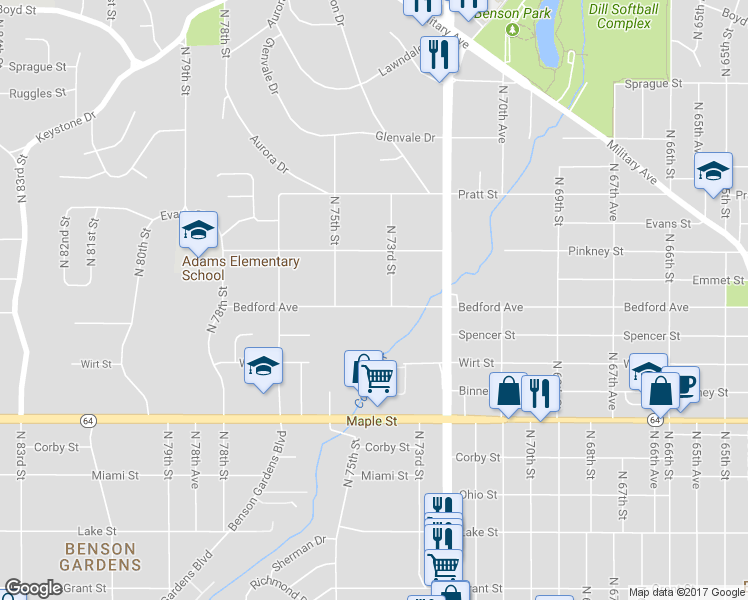 map of restaurants, bars, coffee shops, grocery stores, and more near 7308 Bedford Avenue in Omaha