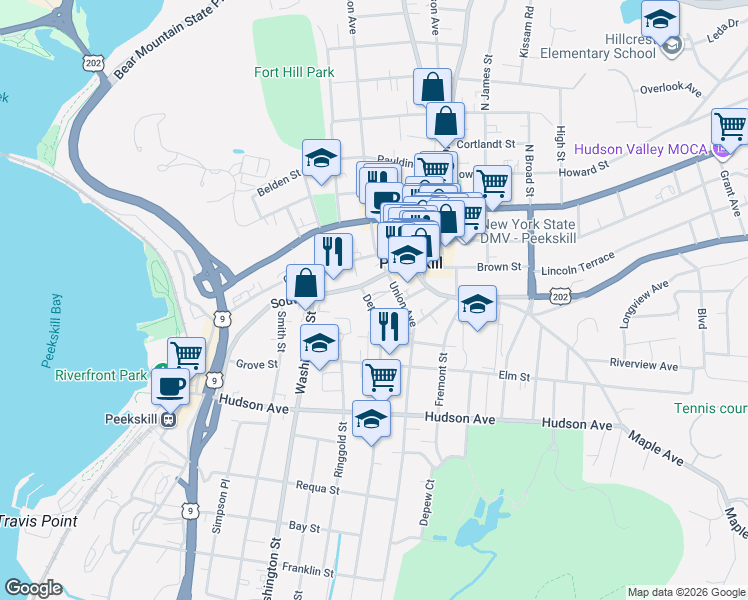 map of restaurants, bars, coffee shops, grocery stores, and more near 125 Depew Street in Peekskill