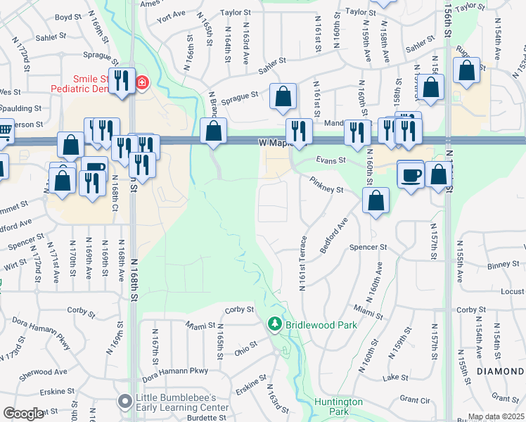 map of restaurants, bars, coffee shops, grocery stores, and more near 3305 North 163rd Plaza in Omaha